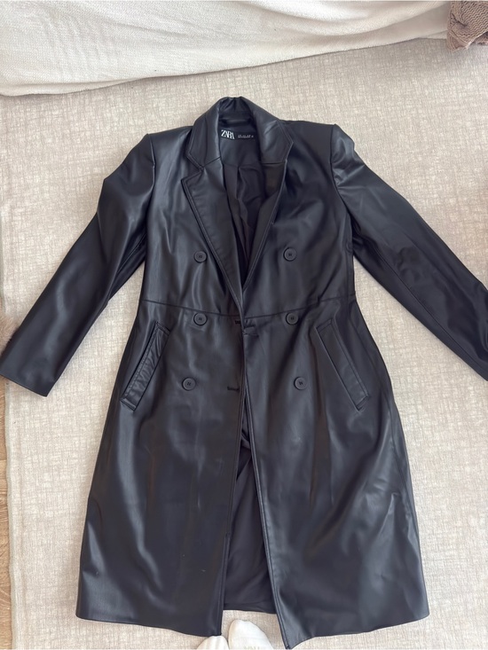 Zara Jackets & Blazers - Zara Black Faux-Leather Double-Breasted Trench Coat with Notched Lapels